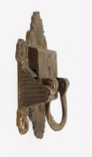 Antique bronze Art Nouveau right-swing ice box latch shown in side view with a decorative lever and mounting plate.