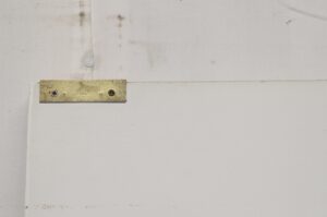 White painted wooden closet door with a plain flat surface and a brass hinge plate near the top edge.