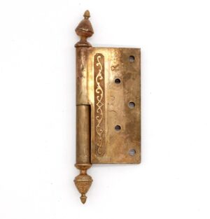 Victorian bronze lift-off butt door hinge with steeple tips, two knuckles, a staggered hole pattern, and a decorative scroll detail on the leaf.