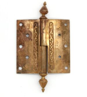 Antique bronze Victorian lift-off butt door hinge with steeple tips, two knuckles, and a staggered hole pattern, shown front on.