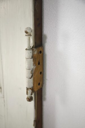 Close-up of a painted door hinge mounted on a white five-panel pine passage door, with worn paint and a dark wood-toned edge visible beside the hinge.