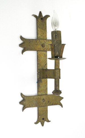 Spanish Revival wall sconce with an antique bronze finish, shown with one arm and a candle-style bulb holder.