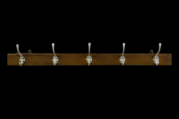 Racks - Vintage European 5 Cast Iron Hooks Pine Wall Rack