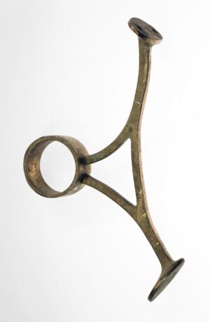 Curved brass banister bracket with a circular rail ring and dual mounting plates, shown in a side view.