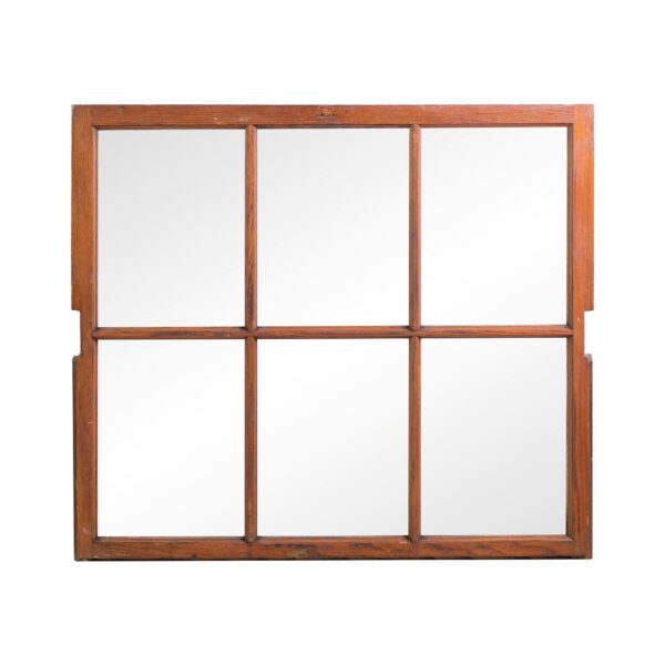 Dark wood tone oak framed window with six clear panes in a rectangular grid.