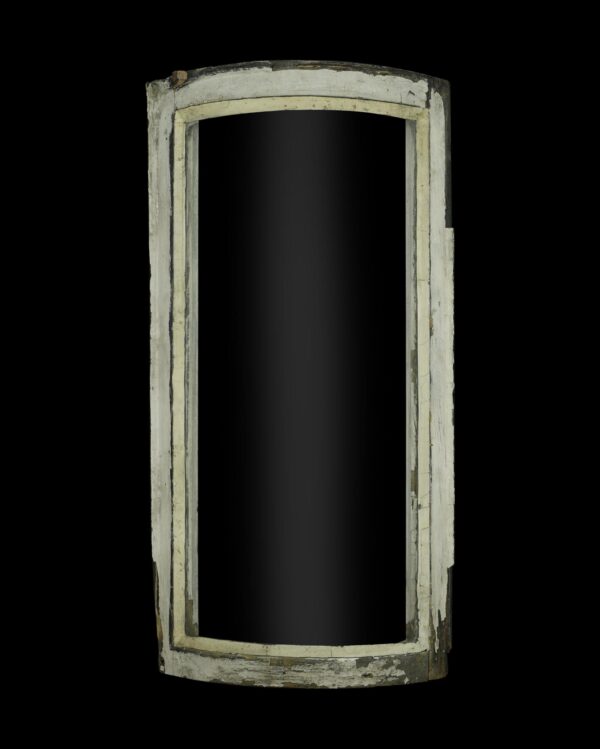 Curved pine sash window with white painted frame and visible wear, shown in a front view with the opening centered.