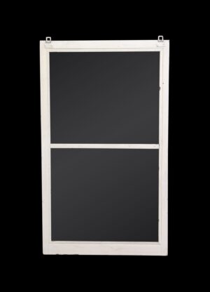 White wooden window screen with two stacked panels and a visible metal hanger at the top.