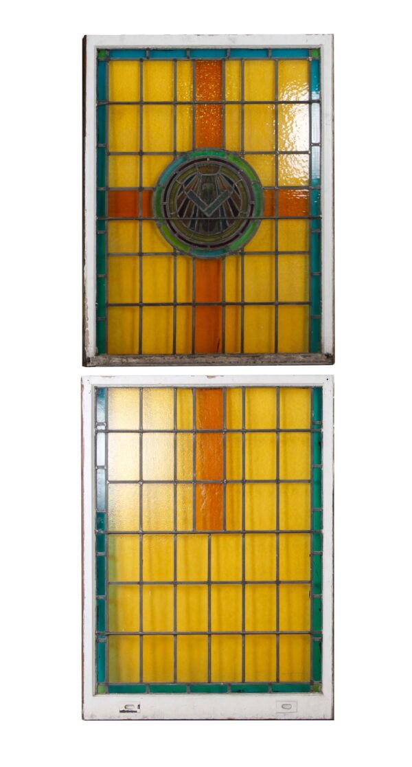 Religious Stained Glass - Antique Medallion Church Stained Glass Double Hung Windows