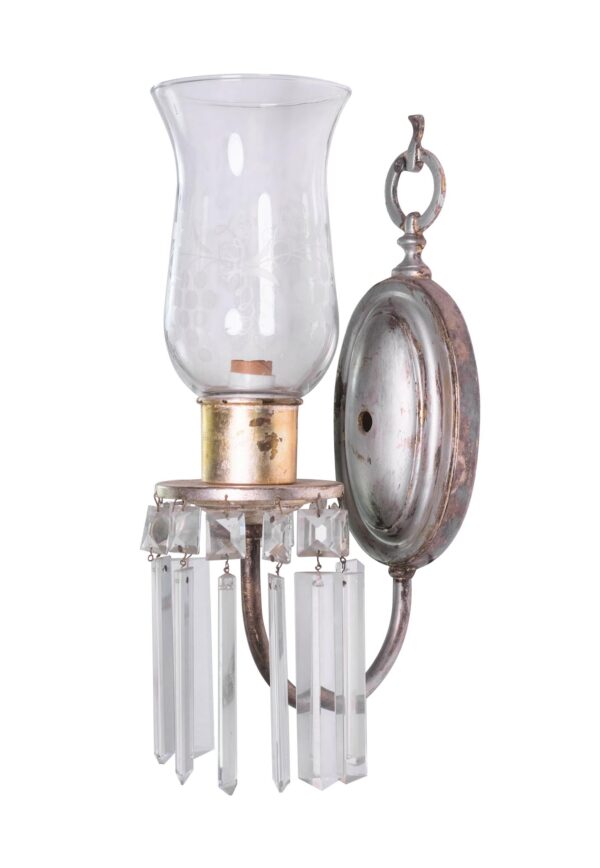 Sconces & Wall Lighting - Early 1900's Silver over Brass Sconces with Crystals and Etched Globe