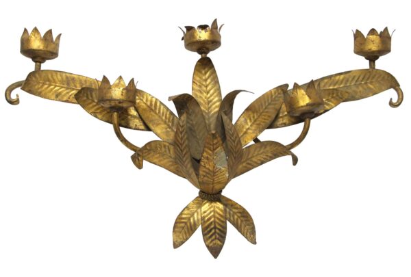 Gold-finish metal five-arm candle sconce with leaf-like panels and crown-shaped candle cups.