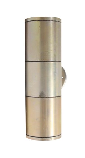 Mid century cast aluminum cylinder wall sconce shown in a vertical front view with a rounded wall mount visible on the right side.