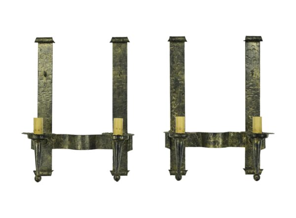 Sconces & Wall Lighting - Pair of Antique Arts & Crafts 2 Arm Black Steel Wall Sconces