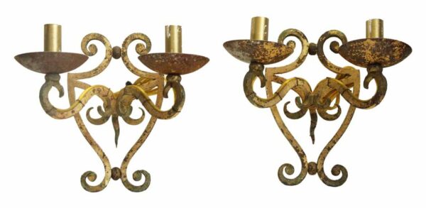 Sconces & Wall Lighting - Pair of Antique French 2 Arm Tan Iron Wall Sconces