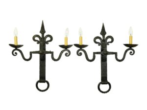 Sconces & Wall Lighting - Pair of French Double Arm Antique European Wrought Iron Sconces