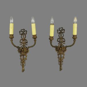 Sconces & Wall Lighting - Pair of French Ribbon & Floral Basket 2 Arm Brass Wall Sconces