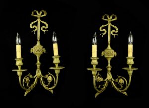 Sconces & Wall Lighting - Pair of French Ribbon Motif 2 Arm Brass Wall Sconces