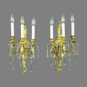 Sconces & Wall Lighting - Pair of Restored French Gold Gilded Bronze & Crystal 3 Arm Wall Sconces