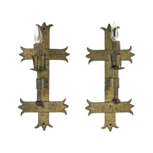 Pair of Spanish Revival wall sconces with one arm each, shown side by side with antique bronze finish and clear flame-style bulbs.