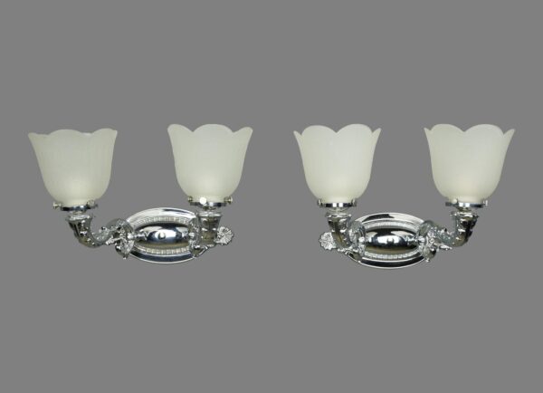 Sconces & Wall Lighting - Pair of The Plaza Hotel Chrome 2 Arm Frosted Shades Wall Sconces