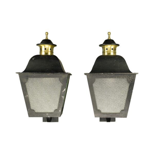 Sconces & Wall Lighting - Pair of Traditional Pebbled Glass Black Steel Wall Lantern Exterior Sconces