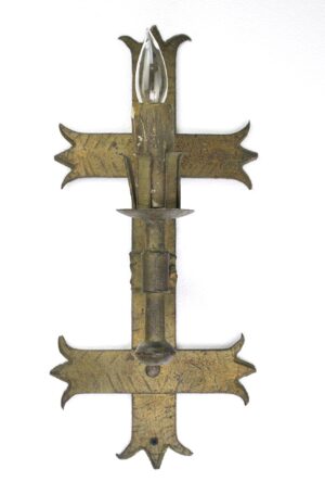 Spanish Revival wall sconce with an antique bronze finish, shown front view with a single bulb socket and decorative cross-shaped backplate.