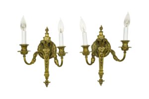 Sconces & Wall Lighting - Restored Pair of Antique French Torch Brass 2 Arm Wall Sconces