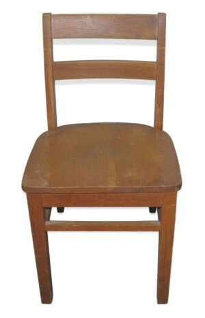 Wooden ladder back chair with a dark wood tone and simple school chair design, shown front view.