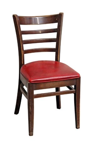Dark wood tone chair with a red vinyl seat and ladder-style back.