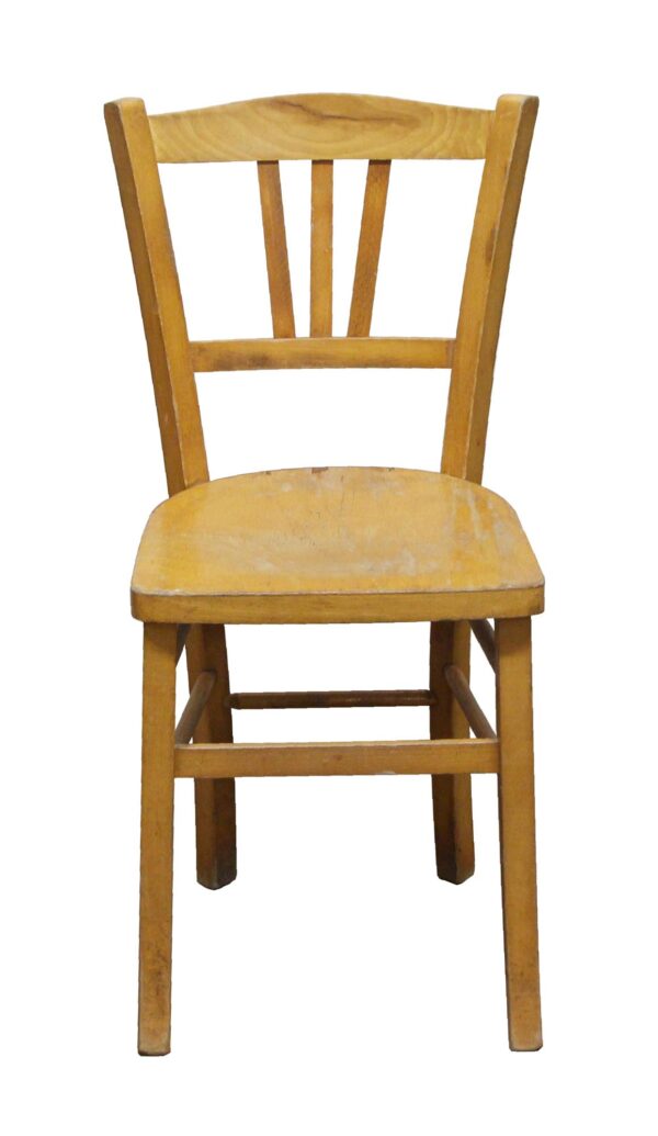 Wood bistro chair with a curved backrest and slatted center support shown from the front.