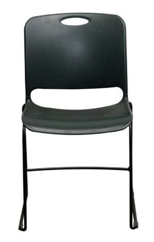 Green plastic chair with a black metal frame, shown from the front with a cutout handle in the backrest and an open lower back.