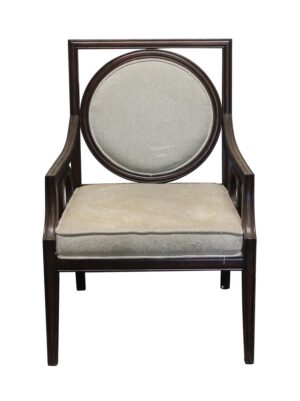 Wooden armchair with a dark wood tone frame, gray upholstered seat and round back, shown from the front with visible wear on the fabric.