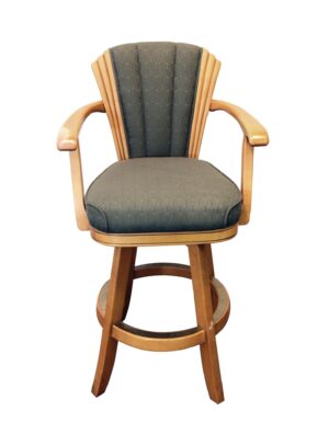 Art Deco-style high back bar chair with armrests, a footrest, and green fabric upholstery on the seat and back.