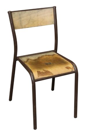 Vintage school chair with a brown metal frame and light wood tone seat and back, shown in a three-quarter view with visible wear from age and use.