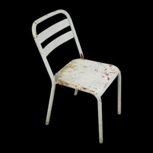 White steel chair with a distressed finish, shown at a slight angle on a plain background.