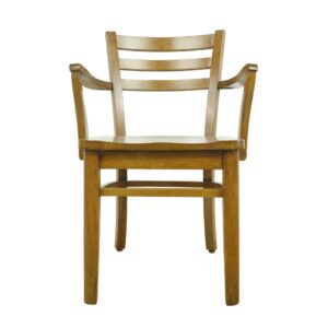 Vintage maple arm chair with a ladderback and wooden arms in a dark wood tone.