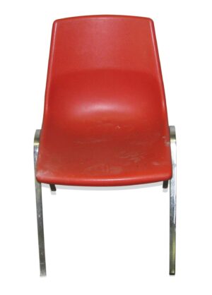 Red retro chair with a plastic seat and steel legs shown from the front.