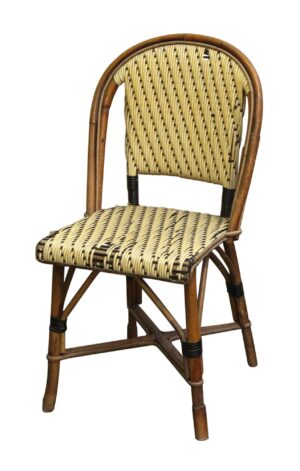 Wicker chair with a medium wood-tone frame and yellow woven seat and backrest.