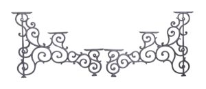 Pair of gray cast iron shelving sides with ornate scrollwork, shown as a mirrored pair.