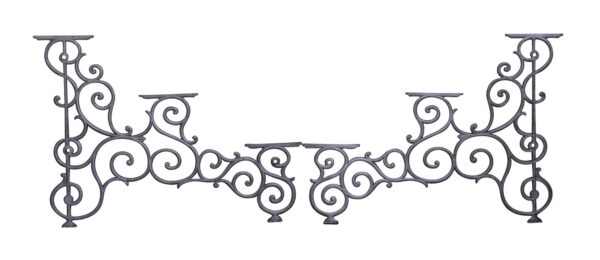 Pair of gray cast iron shelving sides with ornate scrollwork, shown as a mirrored pair.
