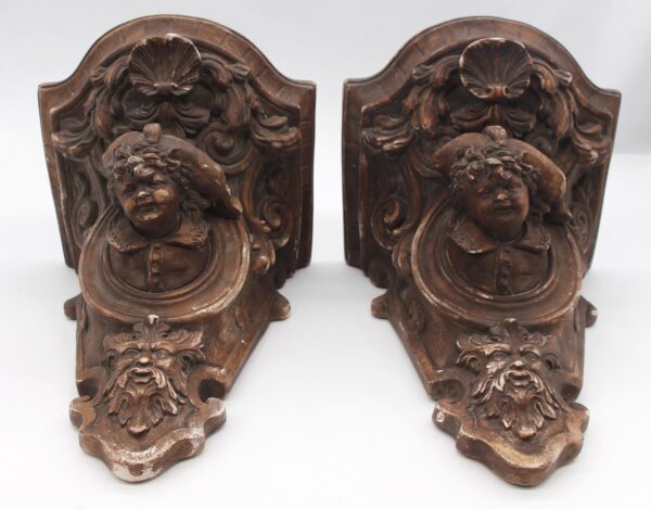 Shelves & Racks - Pair of Highly Carved Figural Brown Plaster Wall Shelves