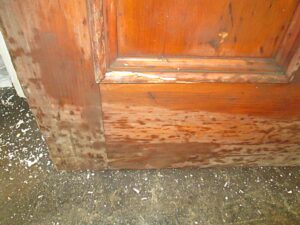 Close-up of a dark wood tone five-panel door with a cracked molding piece near the bottom.