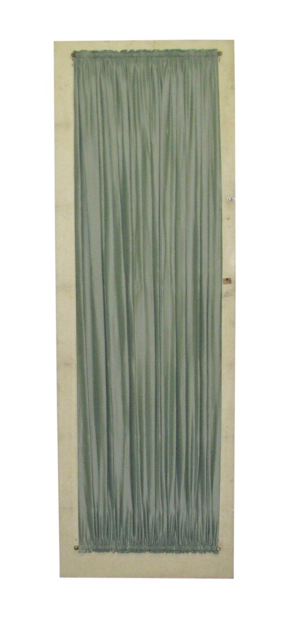 Single wood closet door with a mesh front and gathered curtain panel, shown vertically in a white finish.