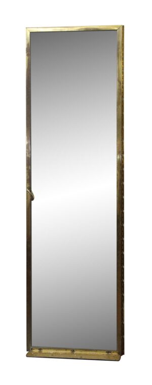 Brass-framed glass shower door shown in a full-length view, with a lever handle on the left side and hinge hardware visible along the right edge.