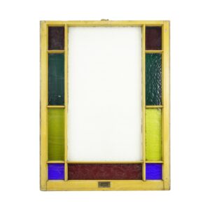 Antique pine framed Queen Anne window with a large clear center panel and smaller multicolored stained glass sections in green, purple, and red.
