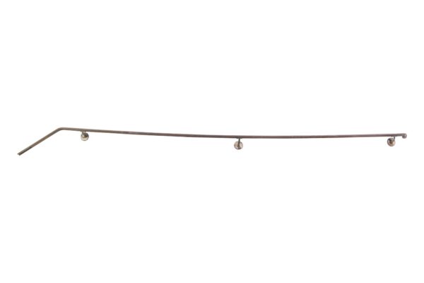 Brass handrail section with three mounting brackets and one beveled end.