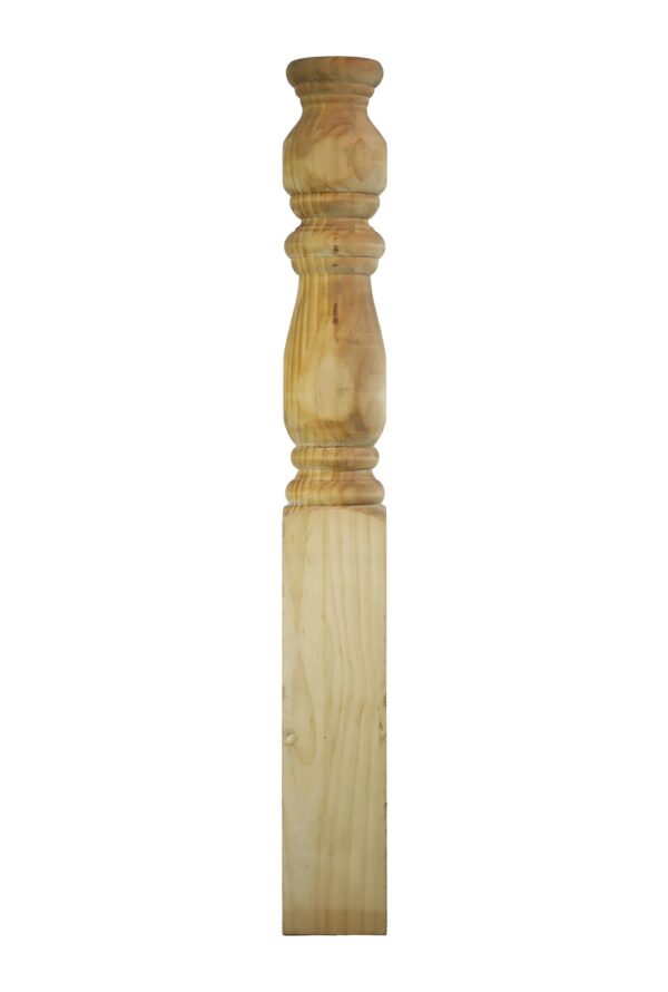 Unfinished carved wooden newel post with a turned top and square base in a light wood tone.