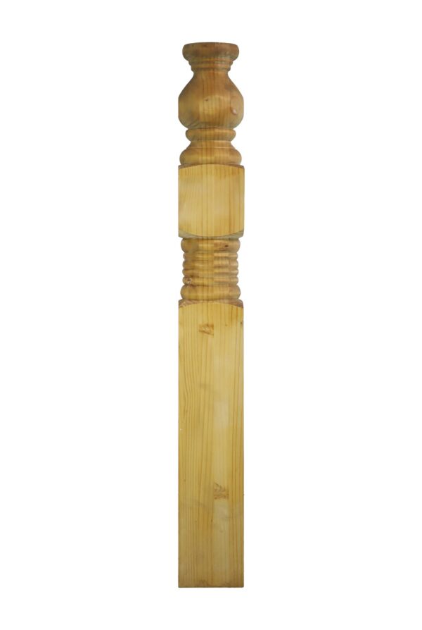 Unfinished carved wooden newel post with a turned top, square middle section, and plain base in a light wood tone.