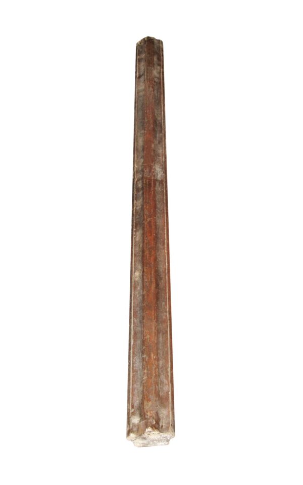 Vertical reclaimed wooden banister handrail shown in full length, with a dark wood tone and tapered profile.