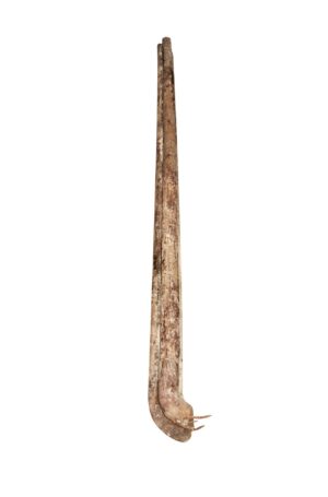 Tall reclaimed wooden handrail shown vertically, with a curved lower end and visible spindle slots near the bottom.