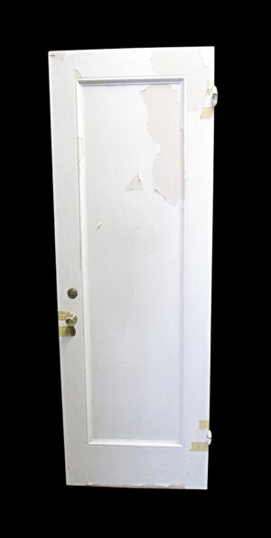 White wooden privacy door with one raised panel, shown with left-swing hardware and visible damage along the bottom edge.